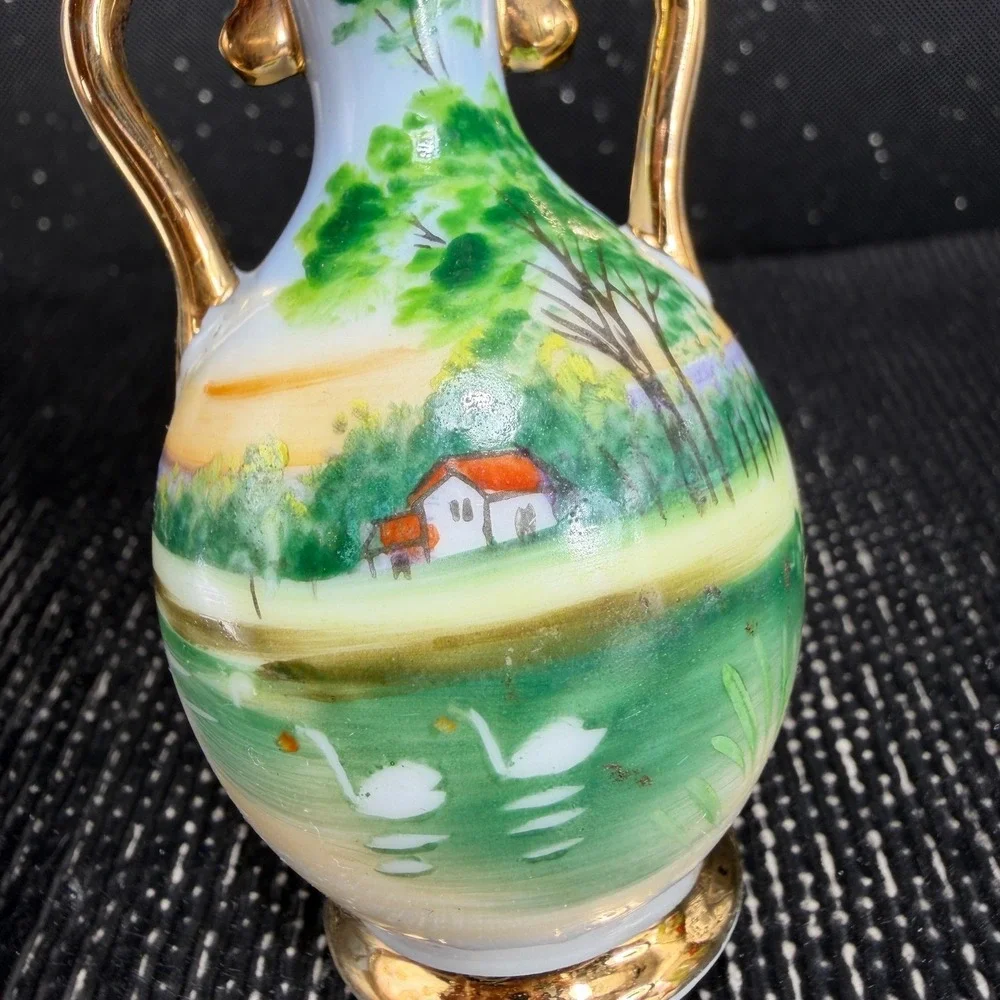 Vintage German Porcelain Miniature Bud Vase Hand Painted Swan Landscape Gold